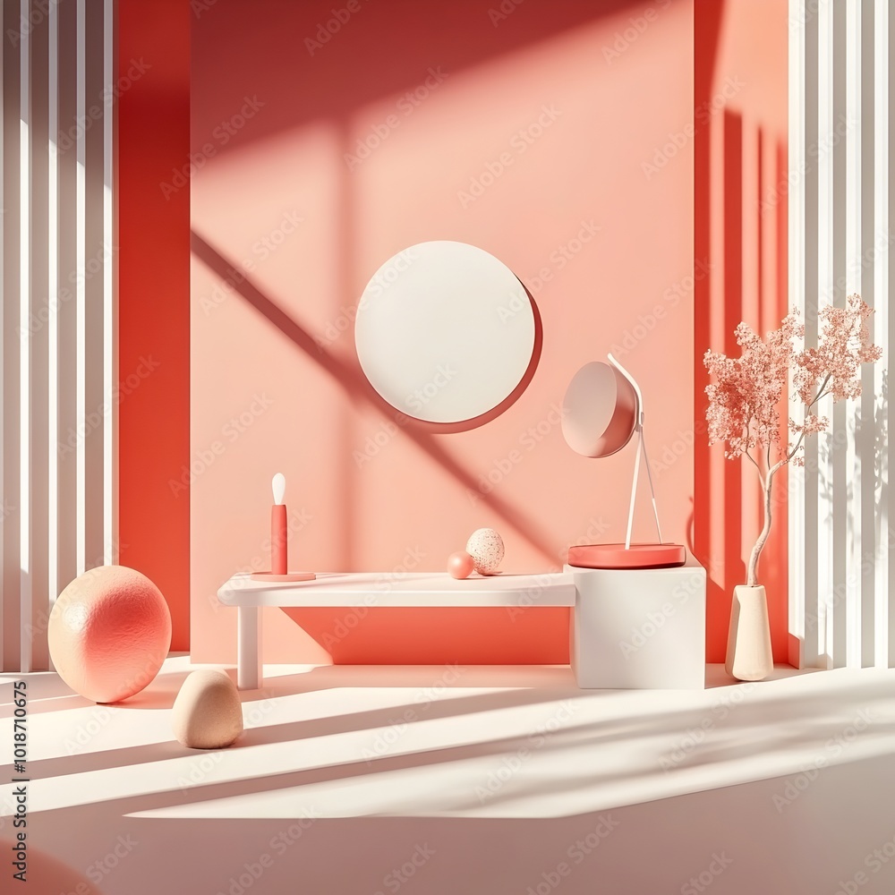 Poster minimalist 3d studio environment with soft coral wall panel empty room setting product display stand