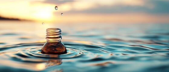  A bottle bobbing on water's surface with droplets trickling from its rim