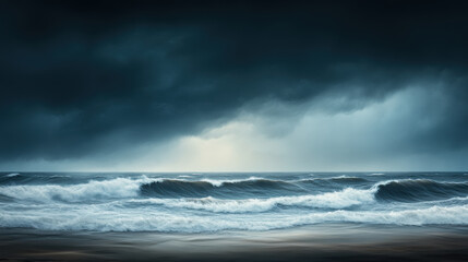 stormy ocean scene with dark churning waves and ominous clouds creates dramatic atmosphere. turbulent waters reflect intensity of natures power and beauty