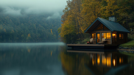 serene lakeside cabin at dawn with soft light reflecting on water, surrounded by autumn foliage and misty mountains, creating peaceful atmosphere