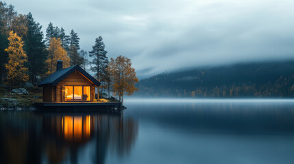serene lakeside cabin at dawn with soft light reflecting on water, surrounded by autumn trees and misty mountains, creating peaceful atmosphere