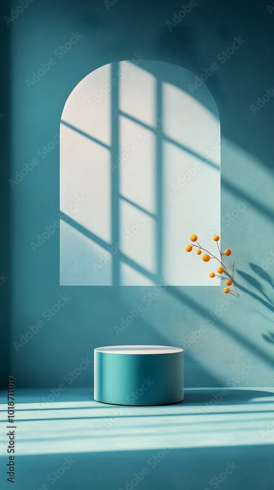 Poster sophisticated 3d studio environment in a navy blue color palette featuring a vacant product stand wi