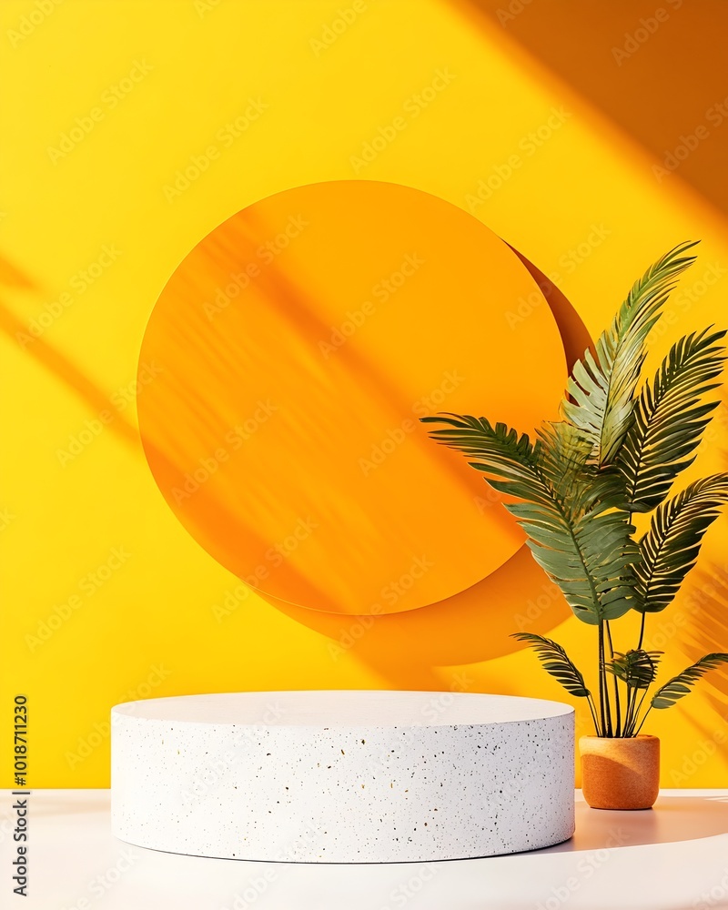 Poster crisp 3d studio environment with a vibrant canary yellow wall bare floor and podium setup directiona