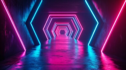 Fototapeta premium Neon Light Tunnel with Pink and Blue Geometric Shapes