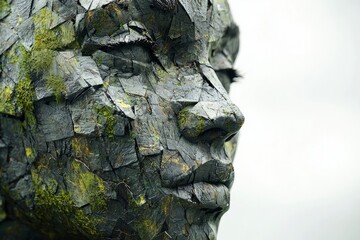 Close-up of a Cracked and Weathered Human Face, Covered in Green Moss and Stone-like Textures