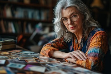Fototapeta premium elderly woman future predictor sitting at the table with taro card