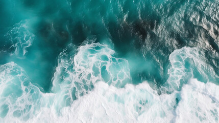 Spectacular aerial top view background photo of ocean sea water white wave splashing in the deep sea. Drone photo backdrop of sea wave in bird eye waves.