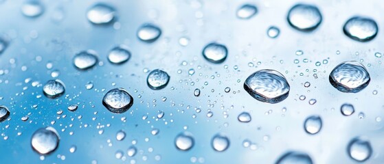  Blue sky with white clouds backs a glass surface dotted by water drops