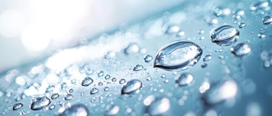  A tight shot of water droplets on a blue surface, illuminated by a bright light Background softly blurred