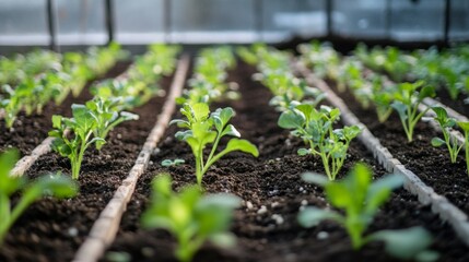 Rows of Young Green Plants Growing in Soil