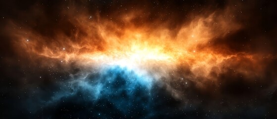 Fototapeta premium A celestial expanse dotted with stars, speckled with interstellar dust; at its heart, a radiant beacon emanating brilliant shades of orange and blue