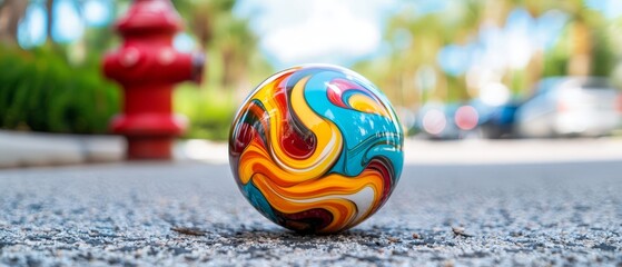  A marbled stone sits on the ground, adjacent to a red fire hydrant Behind it, a red fire hydrant stands prominent