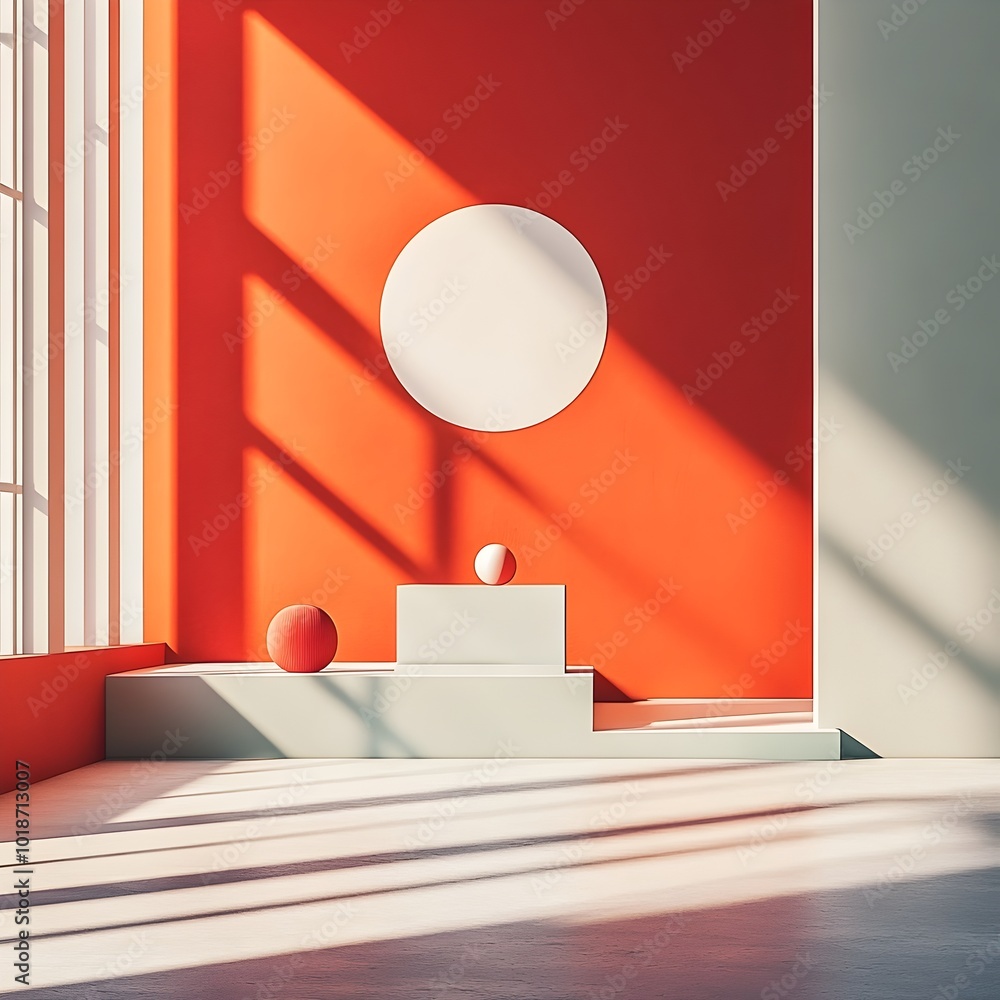 Poster minimalist 3d rendered studio space with intense vermilion walls uncluttered concrete floor and an a