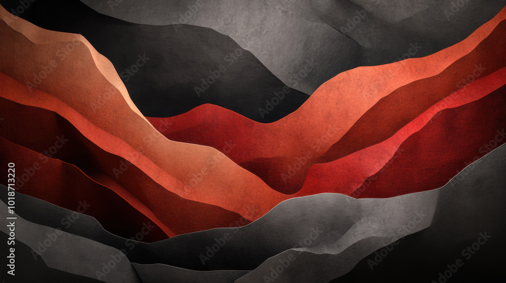 Poster abstract canyon scene with sharp angular rock formations in shades of red, orange, and gray. layered