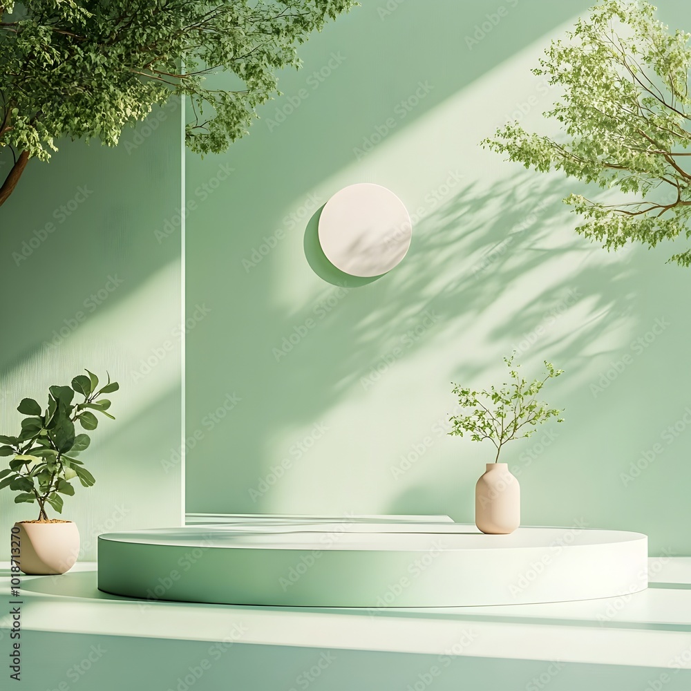 Poster minimalist 3d studio scene featuring a clean empty room with a raised display pedestal and a verdant