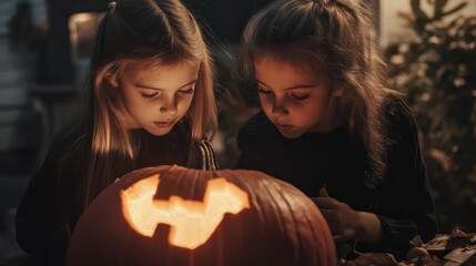 girls with carving pumpkin