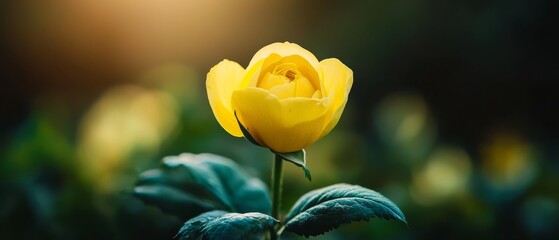  A yellow bloom with distinct green foliage in the foreground and indistinct green leaves in the softly focused background