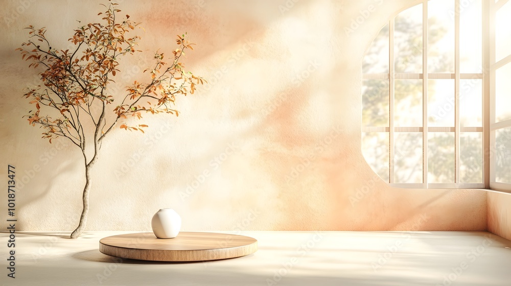 Poster minimalist 3d studio room with warm ochre background empty floor and wall with product podium shadow