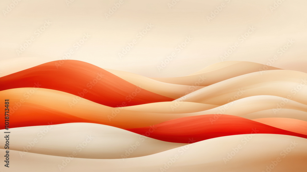 Poster serene abstract desert scene featuring bold, sweeping dunes in warm tones of red and beige. smooth c