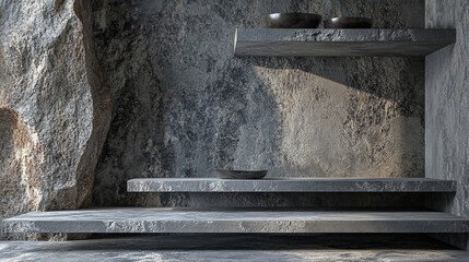 Minimalist stone shelves showcase simple pottery in a natural stone setting