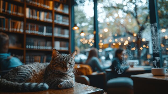 Cozy café atmosphere with a cat lounging near steaming cups and people enjoying their time on a rainy day