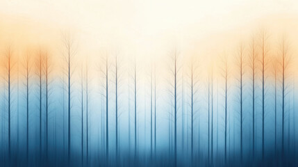 serene abstract forest at dusk, featuring tall silhouetted trees against gradient sky of soft orange and blue hues. tranquil atmosphere evokes sense of calm and reflection
