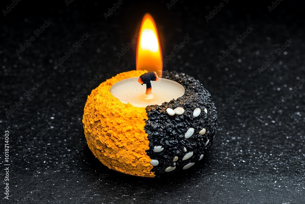 Poster realistic depiction of a candle burning with a flame on one side and darkness on the other, represen