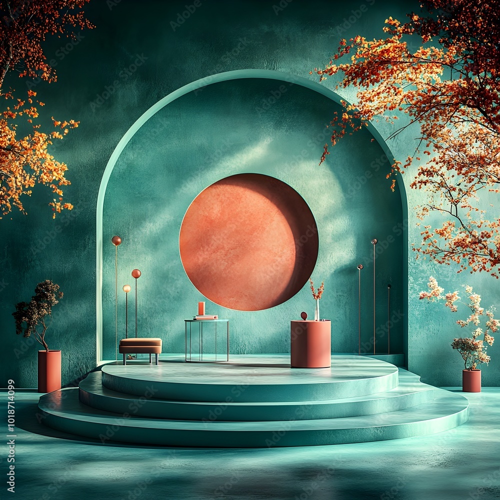Poster sleek and modern 3d product presentation studio featuring a deep teal wall and floor a centered podi
