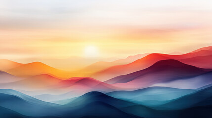 abstract interpretation of mountain range with soft waves of color, showcasing hues of red, orange, and blue. serene landscape evokes sense of calm and tranquility