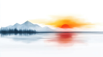 Obraz premium serene abstract interpretation of sunset over frozen lake, featuring mountains and vibrant orange sun reflecting on waters surface. tranquil scene evokes sense of calm and beauty