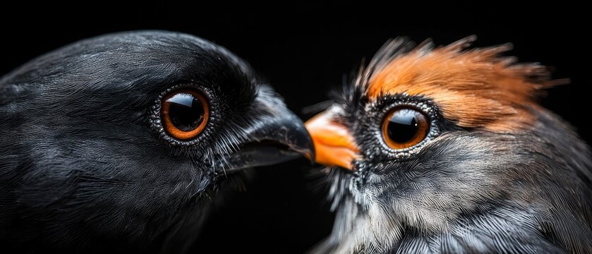  Two birds on lush green grass, field against black backdrop