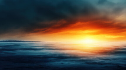stunning sunset over frozen lake, showcasing vibrant orange and deep blue hues reflecting on icy surface. dramatic clouds enhance serene atmosphere