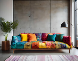 modern living room with sofa.Vibrant, contemporary living space featuring a patchwork sofa in vivid colors, set against a raw, textured concrete wall. The room has a modern, minimalist aesthetic with 