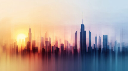 Obraz premium stunning abstract skyline at sunset, showcasing bold reds and soft blues, creates captivating atmosphere. blurred outlines of skyscrapers evoke sense of tranquility and wonder