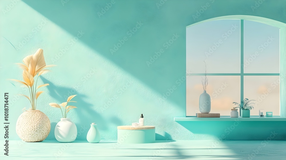 Poster serene 3d studio room with clean minimalist aqua background and empty product podium display sunligh