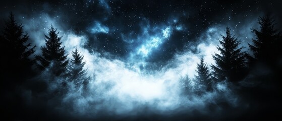 Fototapeta premium A dark forest teeming with numerous trees under a star-studded night sky; the moon hovered in the distance