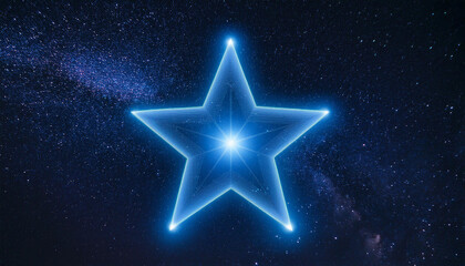 Bright neon star glowing in dark starry sky. Cosmic scene. Space and astronomy concept.