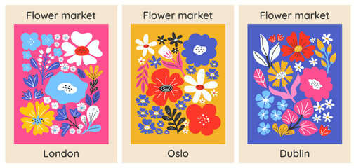 Flower Market poster. Set of abstract flower posters. Vector art illustration. Botanical composition, floral poster. Abstract style with nature motifs, flowers, leaves and texture.