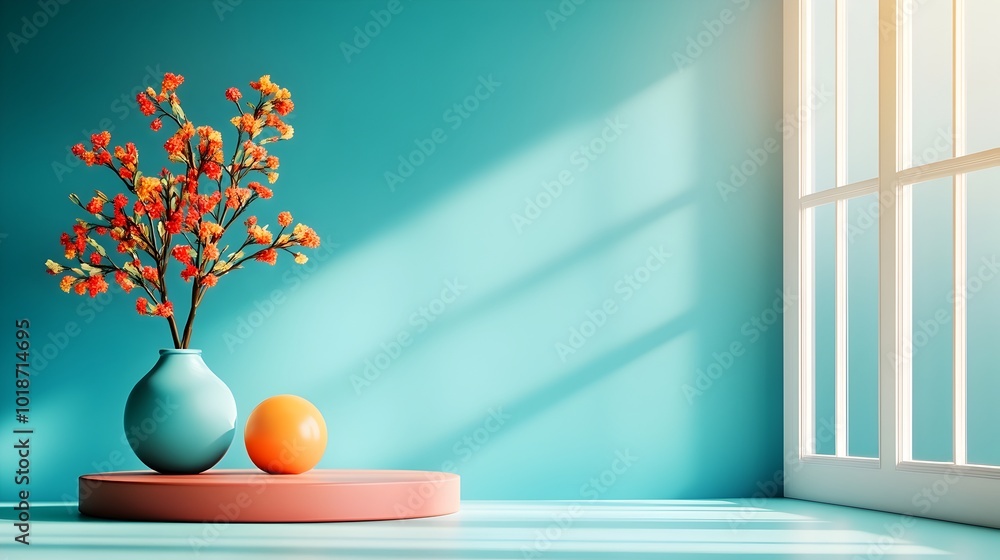 Poster elegant 3d studio room with deep blue backdrop empty floor and wall product podium soft natural sunl