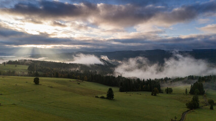 Drone View of Foggy Sunrise Over Autumn Tatra Mountain Scenery