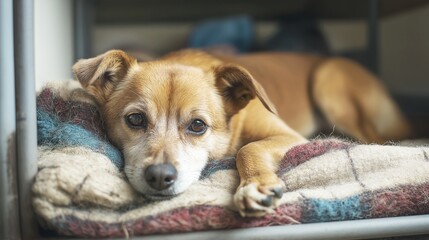 A closeup portrait of a cute brown and white dog resting comfortably on a soft and colorful blanket with a calm expression.
