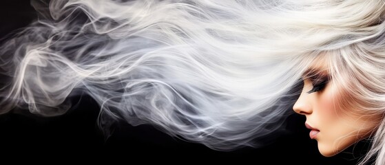  A tight shot of a woman with white locks, smoke wafting from her face, hair billowing in the wind
