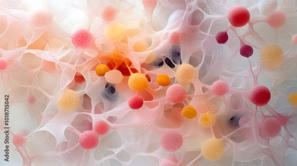 Poster vibrant and intricate microscopic view of coral like structures, showcasing blend of soft colors and