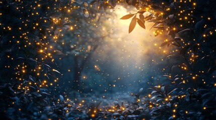 Enchanted Forest with Glowing Fireflies and Leaves