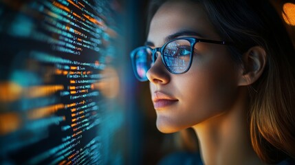 A young woman wearing glasses looks intently at a screen filled with lines of code.