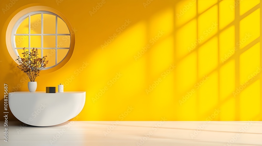 Poster minimalist 3d studio room with bold mustard yellow background empty floor and wall with product podi