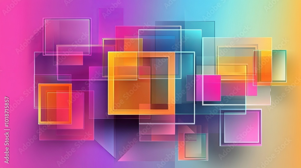 Poster colorful 3d squares and rectangles featuring a glass morphism style. transparent frame for text inte