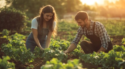 A young couple tending to their flourishing garden in the warm afternoon sun.