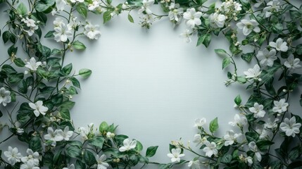 Naklejka premium White Flowers and Green Leaves Forming a Frame on a Light Blue Background