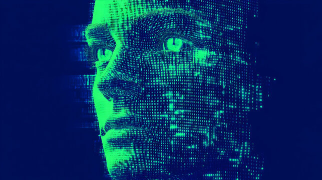 Digital Abstract Human Face Composed of Binary Code with Glowing Green Eyes